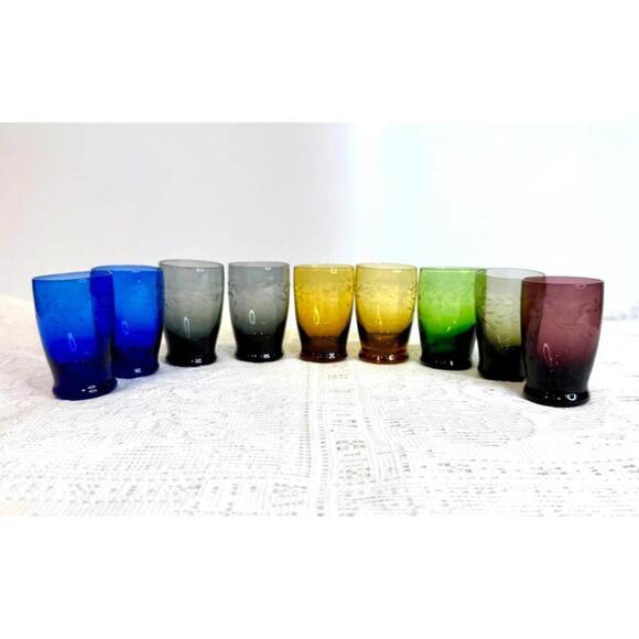 Other - Set of 9 Vintage Korean Etched Design Multicolor Cordial Shot Glasses